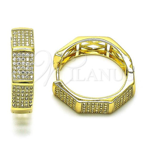 Oro Laminado Huggie Hoop, Gold Filled Style Bamboo Design, with White Micro Pave, Polished, Golden Finish, 02.213.0588.28