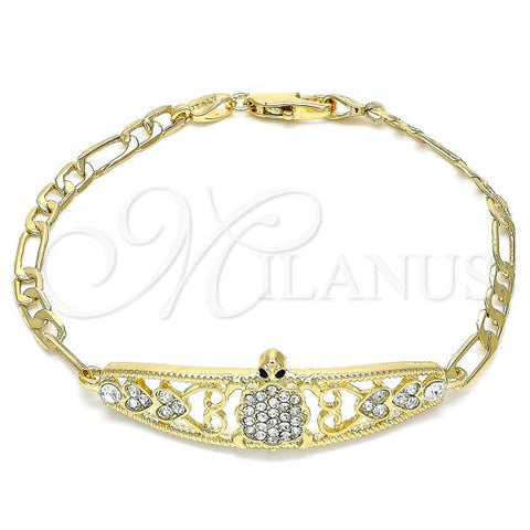 Oro Laminado Fancy Bracelet, Gold Filled Style Turtle and Heart Design, with White and Black Crystal, Polished, Golden Finish, 03.380.0051.08