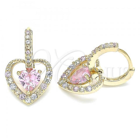 Oro Laminado Dangle Earring, Gold Filled Style Heart Design, with Pink and Multicolor Cubic Zirconia, Polished, Golden Finish, 02.65.2660