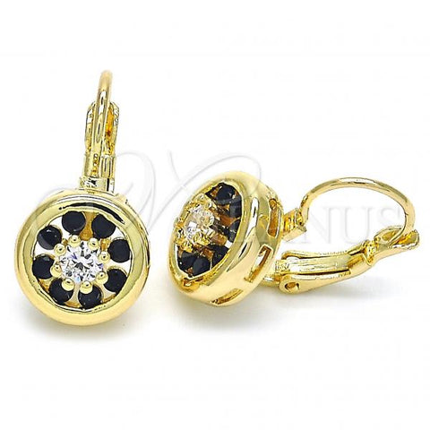 Oro Laminado Leverback Earring, Gold Filled Style Flower Design, with Black and White Cubic Zirconia, Polished, Golden Finish, 02.210.0216.3