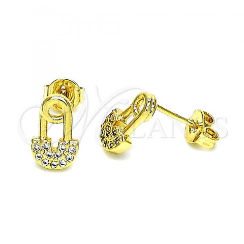 Oro Laminado Stud Earring, Gold Filled Style Paperclip Design, with White Micro Pave, Polished, Golden Finish, 02.102.0066