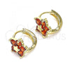 Oro Laminado Huggie Hoop, Gold Filled Style Flower and Star Design, with Garnet Cubic Zirconia, Polished, Golden Finish, 02.210.0611.12