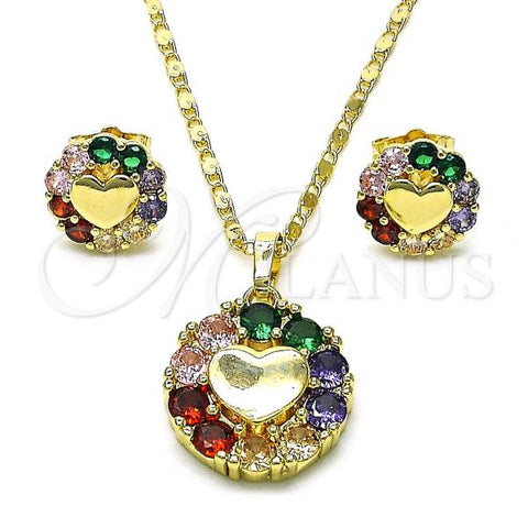 Oro Laminado Earring and Pendant Adult Set, Gold Filled Style Heart Design, with Multicolor Cubic Zirconia, Polished, Golden Finish, 10.196.0149.1
