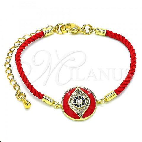 Oro Laminado Fancy Bracelet, Gold Filled Style Evil Eye Design, with Sapphire Blue and White Micro Pave, Red Enamel Finish, Golden Finish, 03.368.0059.2.06