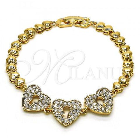 Oro Laminado Fancy Bracelet, Gold Filled Style Heart and Lock Design, with White Micro Pave, Polished, Golden Finish, 03.283.0246.07