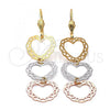 Oro Laminado Long Earring, Gold Filled Style Heart and Filigree Design, Polished, Tricolor, 5.095.008