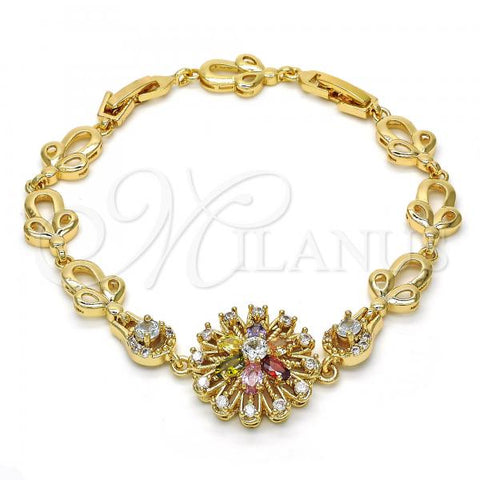 Oro Laminado Fancy Bracelet, Gold Filled Style Flower Design, with Multicolor Cubic Zirconia, Polished, Golden Finish, 03.205.0029.1.07