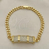 Oro Laminado Fancy Bracelet, Gold Filled Style Miami Cuban Design, with White Micro Pave, Polished, Golden Finish, 03.283.0271.08