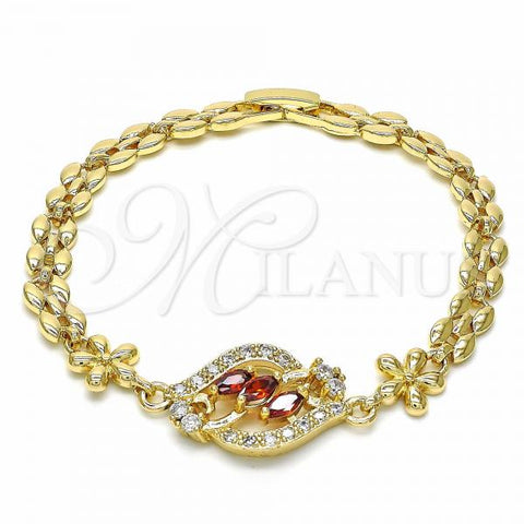Oro Laminado Fancy Bracelet, Gold Filled Style Flower Design, with Garnet and White Cubic Zirconia, Polished, Golden Finish, 03.357.0008.2.07