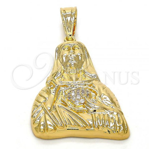 Oro Laminado Religious Pendant, Gold Filled Style Sagrado Corazon de Jesus Design, with White Cubic Zirconia, Polished, Golden Finish, 05.120.0003