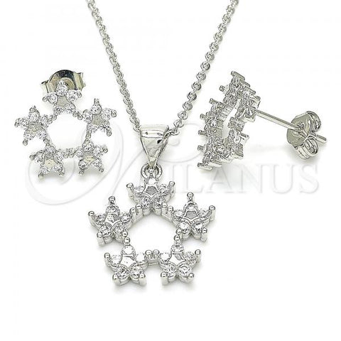 Rhodium Plated Earring and Pendant Adult Set, Flower and Star Design, with White Cubic Zirconia, Polished, Rhodium Finish, 10.199.0141