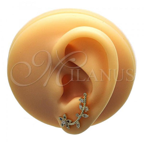 Oro Laminado Earcuff Earring, Gold Filled Style Flower Design, with Multicolor Micro Pave and White Cubic Zirconia, Polished, Golden Finish, 02.210.0726.1