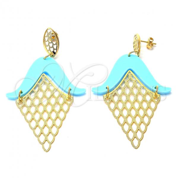 Oro Laminado Long Earring, Gold Filled Style Acqua Resin Finish, Golden Finish, 02.09.0103.1