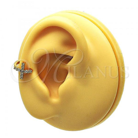 Oro Laminado Earcuff Earring, Gold Filled Style Cross Design, with White Micro Pave, Polished, Golden Finish, 02.210.0675