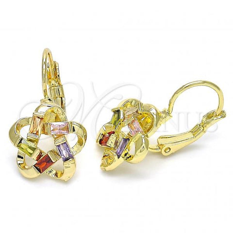Oro Laminado Leverback Earring, Gold Filled Style Flower Design, with Multicolor Cubic Zirconia, Polished, Golden Finish, 02.210.0214.1