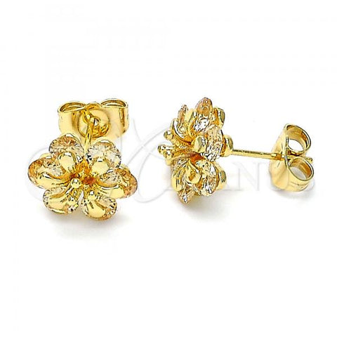 Oro Laminado Stud Earring, Gold Filled Style Flower Design, with Champagne Cubic Zirconia, Polished, Golden Finish, 02.310.0051.1