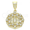 Oro Laminado Fancy Pendant, Gold Filled Style Guadalupe and Heart Design, with White Cubic Zirconia, Polished, Golden Finish, 05.253.0070