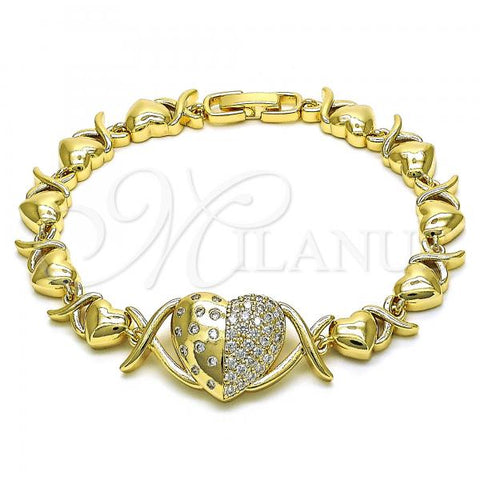 Oro Laminado Fancy Bracelet, Gold Filled Style Chunky and Heart Design, with White Micro Pave and White Cubic Zirconia, Polished, Golden Finish, 03.283.0286.07