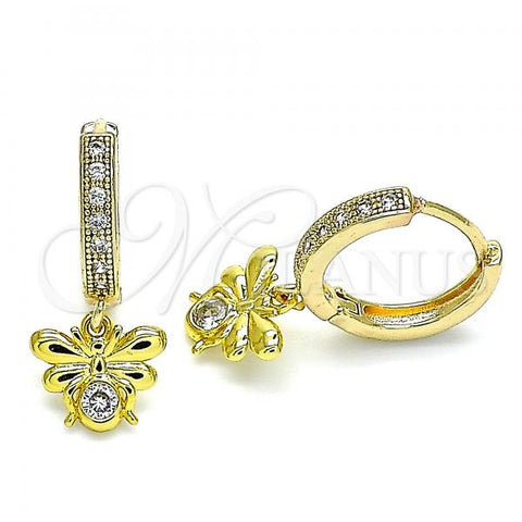 Oro Laminado Huggie Hoop, Gold Filled Style Bee Design, with White Cubic Zirconia and White Micro Pave, Polished, Golden Finish, 02.368.0005.15