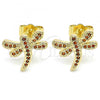 Oro Laminado Stud Earring, Gold Filled Style Dragon-Fly Design, with Garnet Micro Pave, Polished, Golden Finish, 02.344.0065.1