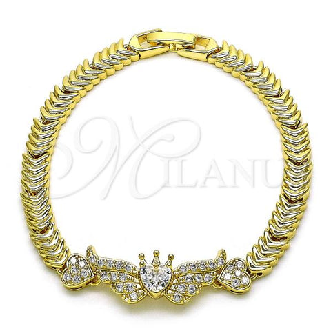 Oro Laminado Fancy Bracelet, Gold Filled Style Wings and Heart Design, with White Cubic Zirconia and White Micro Pave, Polished, Golden Finish, 03.283.0384.07