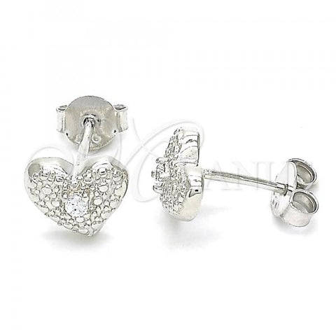 Sterling Silver Stud Earring, Heart Design, with White Cubic Zirconia, Polished, Rhodium Finish, 02.369.0039