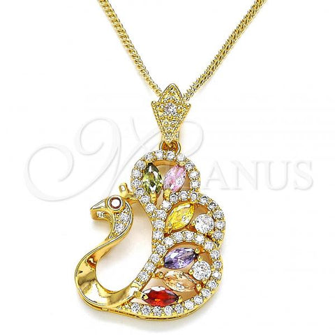 Oro Laminado Pendant Necklace, Gold Filled Style Peacock Design, with Multicolor Cubic Zirconia, Polished, Golden Finish, 04.283.0003.20