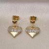 Oro Laminado Dangle Earring, Gold Filled Style Heart and Baguette Design, with White Cubic Zirconia, Polished, Golden Finish, 02.283.0114