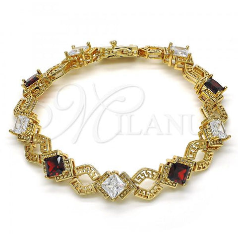 Oro Laminado Tennis Bracelet, Gold Filled Style Greek Key Design, with Garnet and White Cubic Zirconia, Polished, Golden Finish, 03.210.0073.1.08