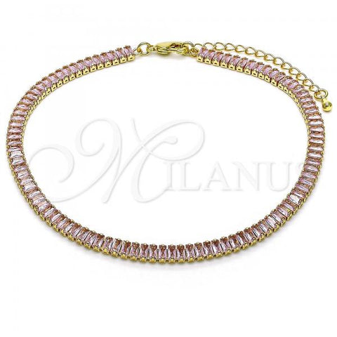 Oro Laminado Fancy Anklet, Gold Filled Style Baguette Design, with Pink Cubic Zirconia, Polished, Golden Finish, 03.130.0008.3.10