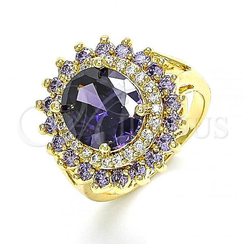 Oro Laminado Multi Stone Ring, Gold Filled Style with Amethyst and White Cubic Zirconia, Polished, Golden Finish, 01.346.0021.5.07