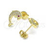 Oro Laminado Stud Earring, Gold Filled Style Dolphin Design, with White Micro Pave and Ruby Cubic Zirconia, Polished, Golden Finish, 02.156.0612