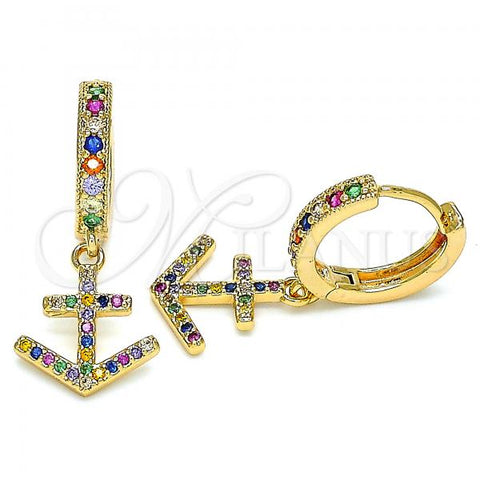 Oro Laminado Huggie Hoop, Gold Filled Style Anchor Design, with Multicolor Micro Pave, Polished, Golden Finish, 02.377.0009.15