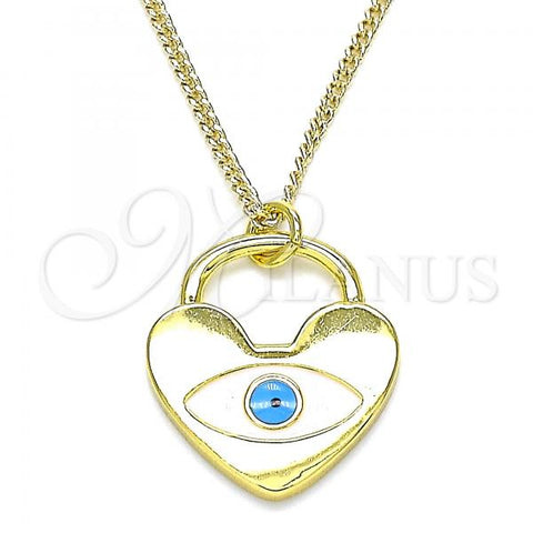 Oro Laminado Pendant Necklace, Gold Filled Style Evil Eye and Lock Design, Blue Enamel Finish, Golden Finish, 04.362.0034.20