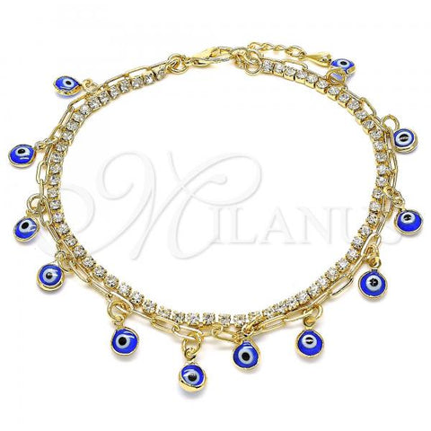 Oro Laminado Charm Anklet , Gold Filled Style Evil Eye and Paperclip Design, with White Crystal, Blue Resin Finish, Golden Finish, 03.372.0012.10