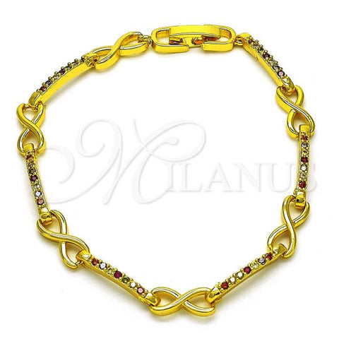 Oro Laminado Fancy Bracelet, Gold Filled Style Hugs and Kisses and Infinite Design, with Multicolor Micro Pave, Polished, Golden Finish, 03.346.0021.07