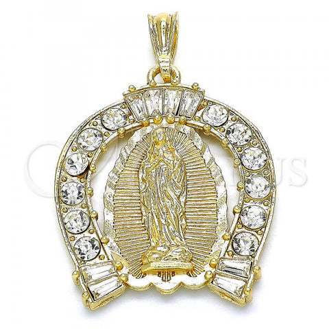 Oro Laminado Religious Pendant, Gold Filled Style Guadalupe Design, with White Crystal, Polished, Golden Finish, 05.351.0148