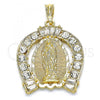 Oro Laminado Religious Pendant, Gold Filled Style Guadalupe Design, with White Crystal, Polished, Golden Finish, 05.351.0148