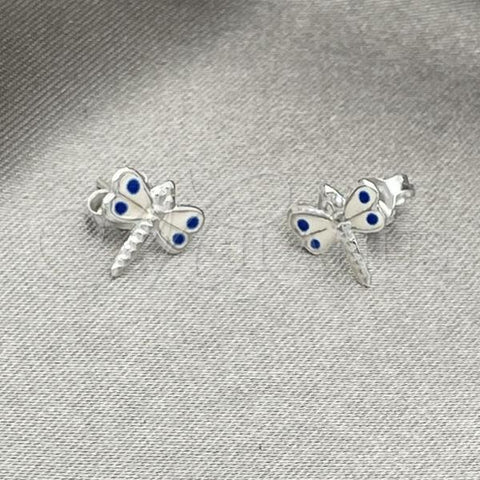 Sterling Silver Stud Earring, Dragon-Fly Design, White Enamel Finish, Silver Finish, 02.406.0002.03