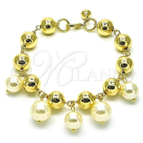 Oro Laminado Charm Bracelet, Gold Filled Style Chunky and Hollow Design, with Ivory Pearl, Polished, Golden Finish, 03.331.0310.09