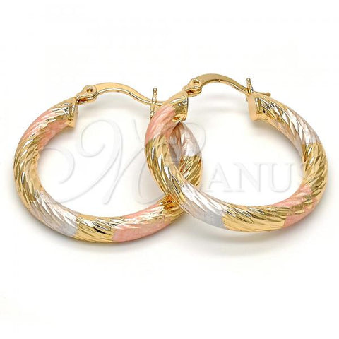 Oro Laminado Medium Hoop, Gold Filled Style Hollow Design, Diamond Cutting Finish, Tricolor, 5.138.003.1.30