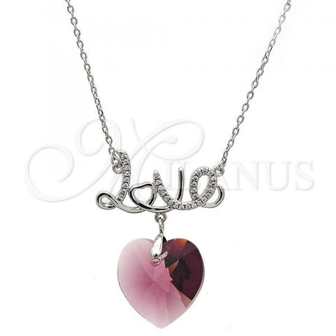 Rhodium Plated Pendant Necklace, Heart and Love Design, with Amethyst Swarovski Crystals and White Micro Pave, Polished, Rhodium Finish, 04.239.0029.2.16