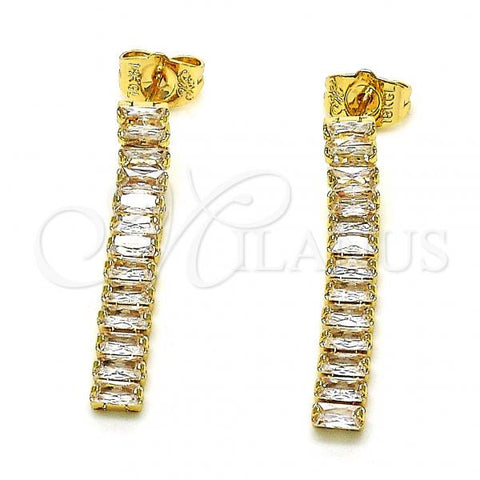 Oro Laminado Long Earring, Gold Filled Style Baguette Design, with White Cubic Zirconia, Polished, Golden Finish, 02.403.0001.1
