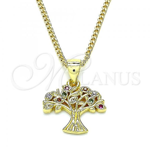 Oro Laminado Pendant Necklace, Gold Filled Style Tree Design, with Multicolor Micro Pave, Polished, Golden Finish, 04.156.0427.20