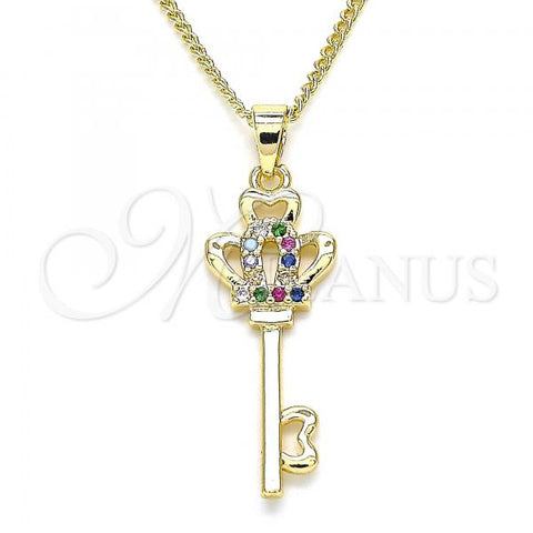 Oro Laminado Pendant Necklace, Gold Filled Style key and Crown Design, with Multicolor Micro Pave, Polished, Golden Finish, 04.344.0014.2.20