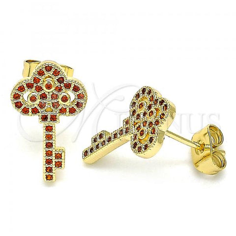 Oro Laminado Stud Earring, Gold Filled Style key Design, with Garnet Micro Pave, Polished, Golden Finish, 02.344.0062.1