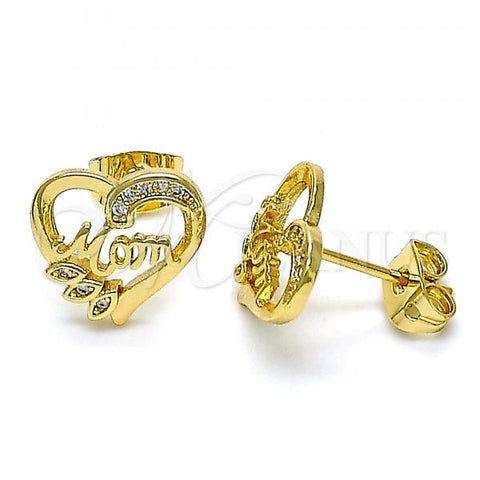 Oro Laminado Stud Earring, Gold Filled Style Mom and Heart Design, with White Micro Pave, Polished, Golden Finish, 02.342.0069
