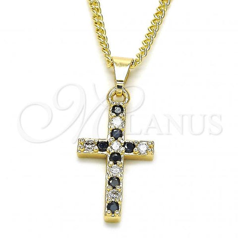 Oro Laminado Pendant Necklace, Gold Filled Style Cross Design, with Black and White Cubic Zirconia, Polished, Golden Finish, 04.284.0007.2.22