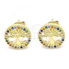 Oro Laminado Stud Earring, Gold Filled Style Tree Design, with Multicolor Micro Pave, Polished, Golden Finish, 02.156.0447.1