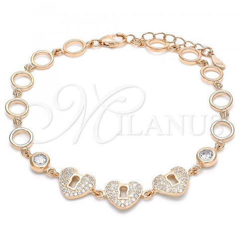 Sterling Silver Fancy Bracelet, Heart and Lock Design, with White Cubic Zirconia, Polished, Rose Gold Finish, 03.369.0009.1.07